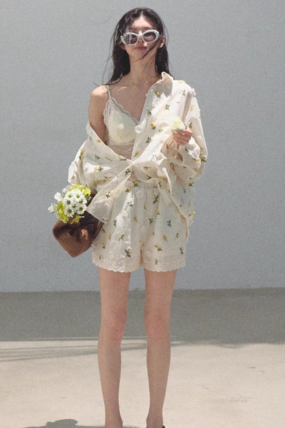 Flowers Cotton Embroidered Casual Shirt Set-Up