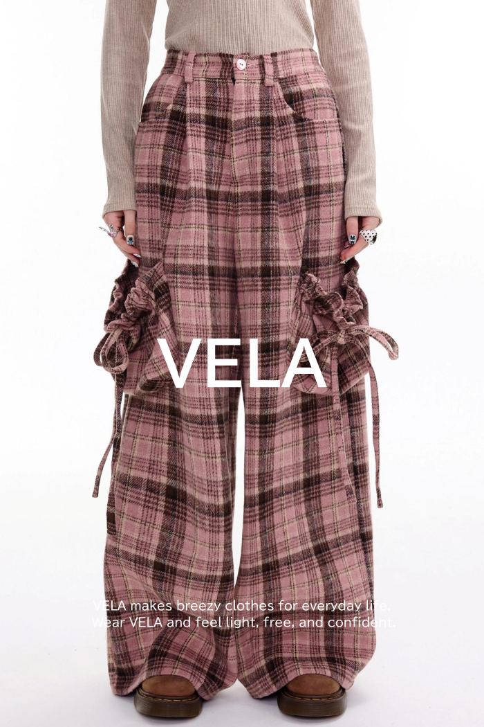美国粉色格子阔腿裤