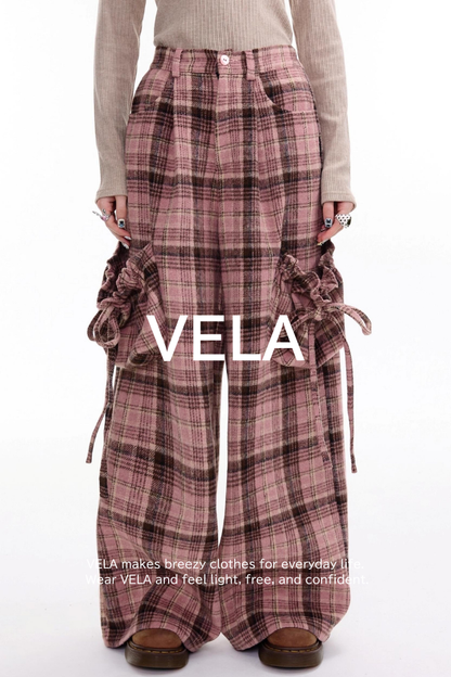 美国粉色格子阔腿裤