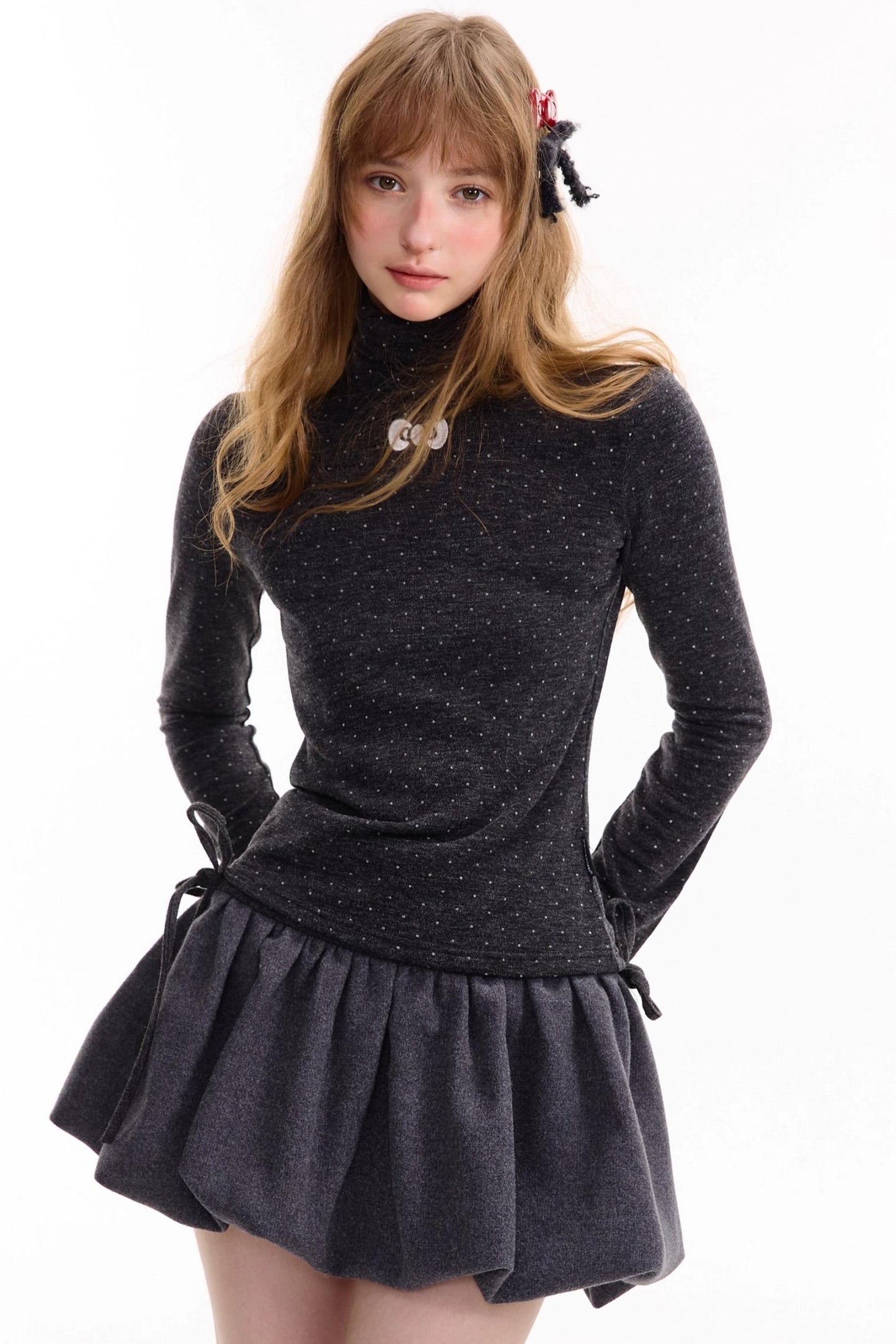 Retro Polka Dot High-Neck Long Sleeve T-Shirt