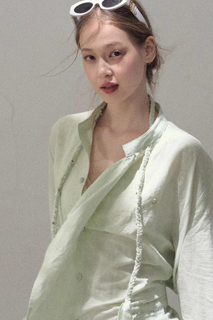 Striped Linen-Cotton Beaded Shirt