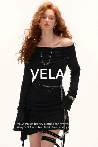 Slanted Pleated French Waist Long Sleeve Midi Dress