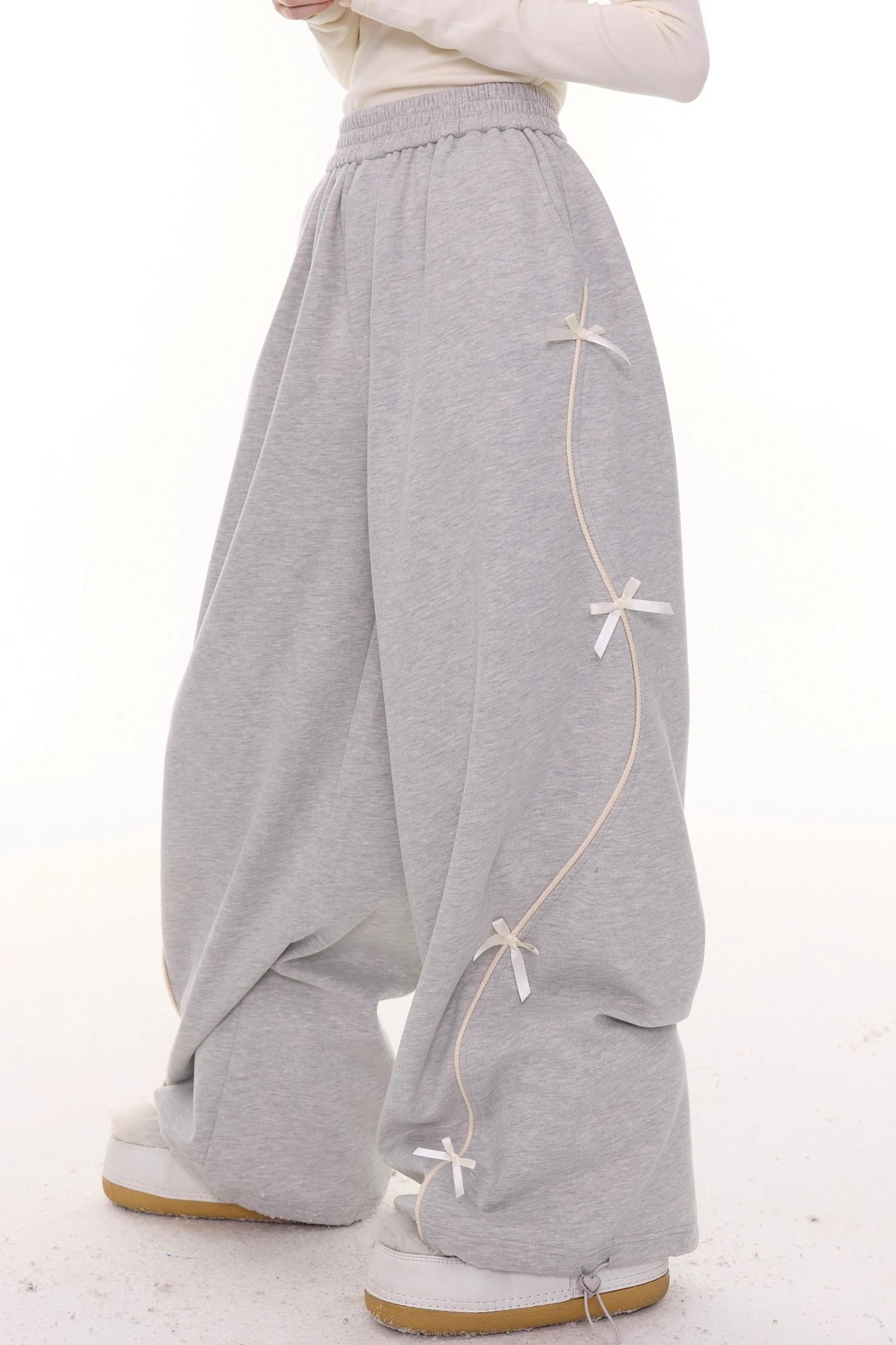 Gray Bow Wide-Leg Sweatpants