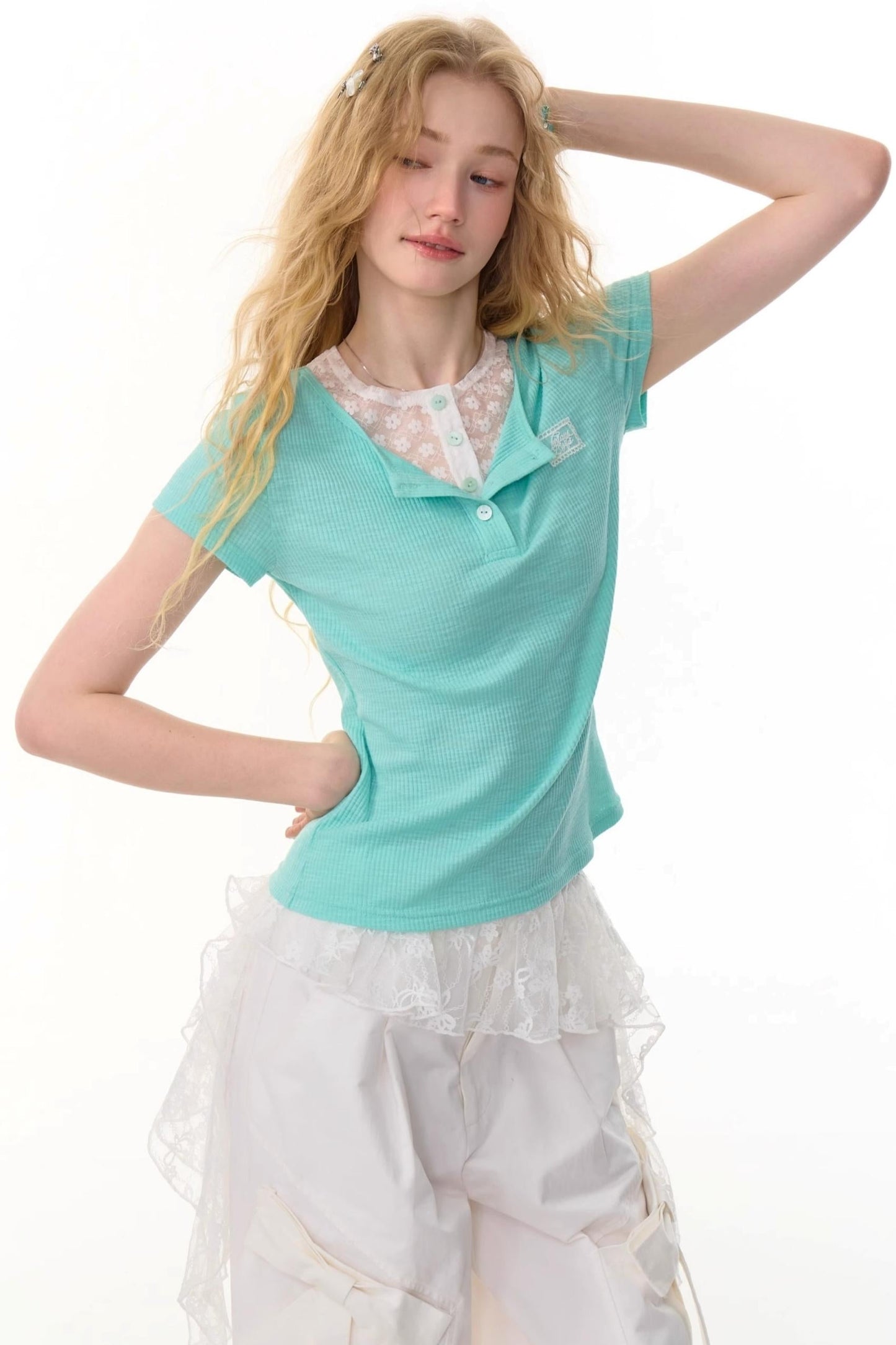 Lace Patchwork Fitted Two-Layer T-Shirt