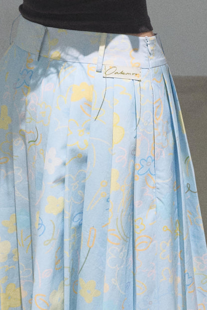 Running Waves Cotton Poplin Pleated Midi Skirt