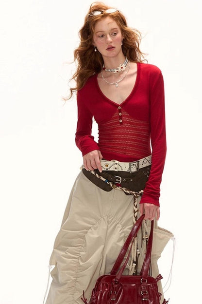 Patchwork V-Neck Long-Sleeved T-Shirt