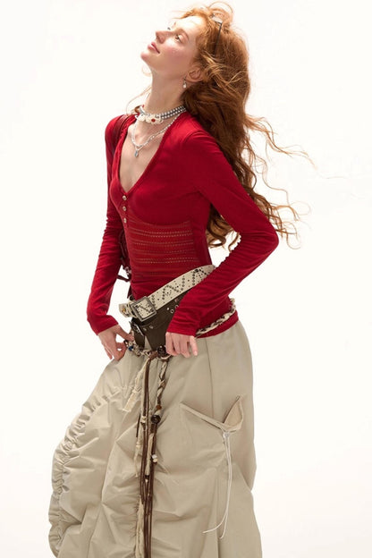 Patchwork V-Neck Long-Sleeved T-Shirt