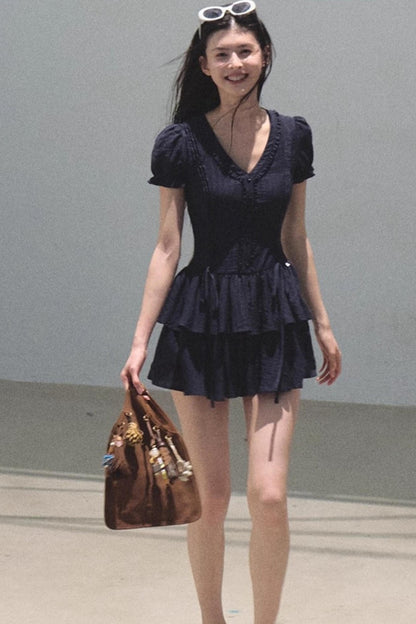 Blue Hour V-Neck Double-Sleeved Dress