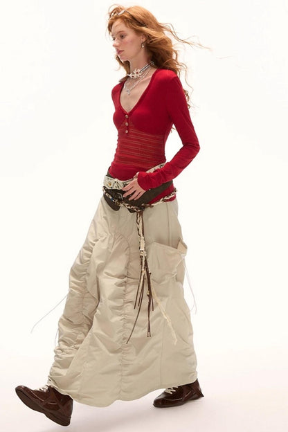 Patchwork V-Neck Long-Sleeved T-Shirt