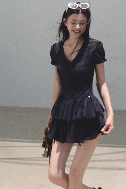 Blue Hour V-Neck Double-Sleeved Dress