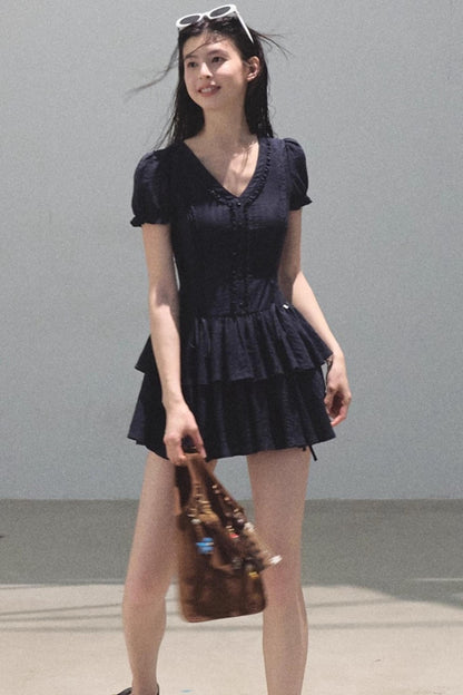 Blue Hour V-Neck Double-Sleeved Dress