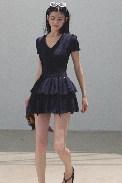 Blue Hour V-Neck Double-Sleeved Dress