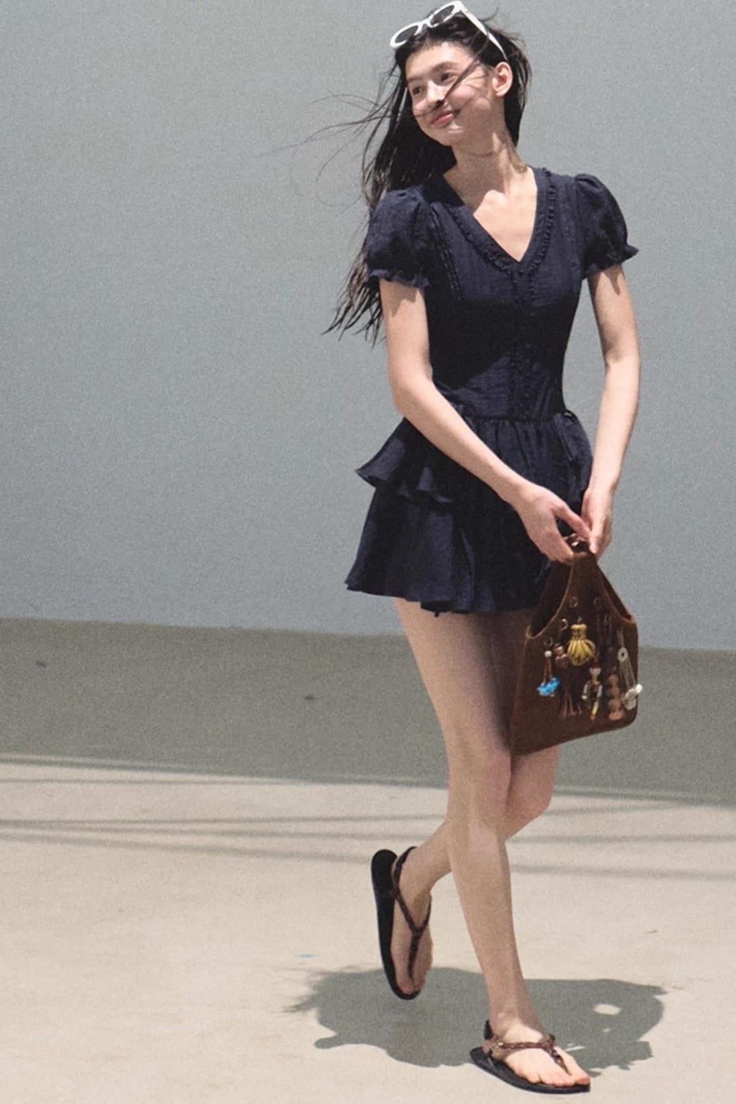 Blue Hour V-Neck Double-Sleeved Dress