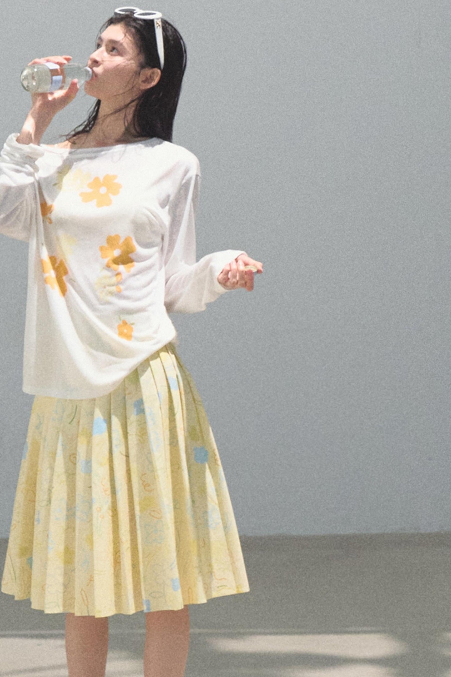 Running Waves Cotton Poplin Pleated Midi Skirt