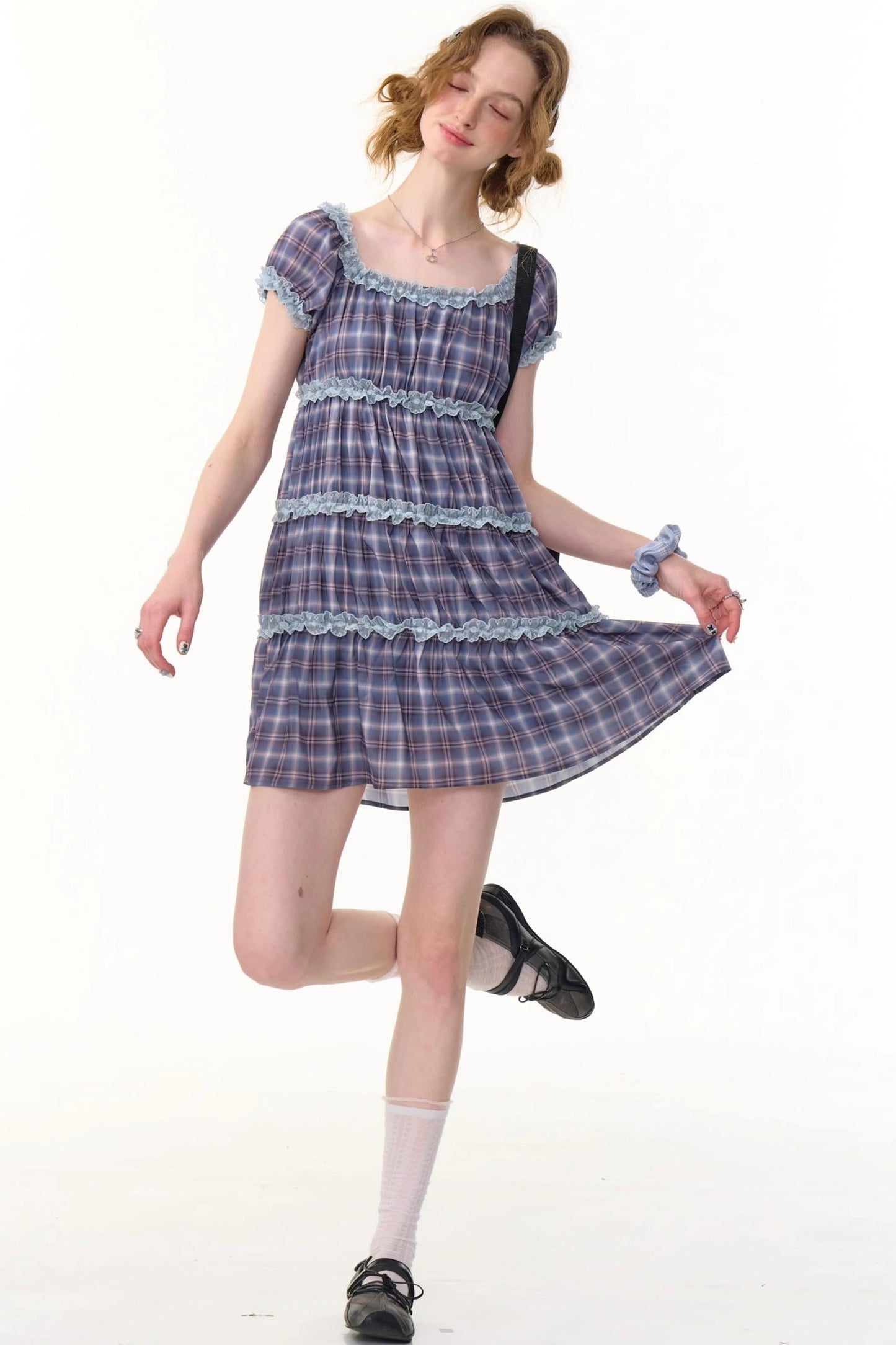 Purple Plaid Puff Sleeve Dress