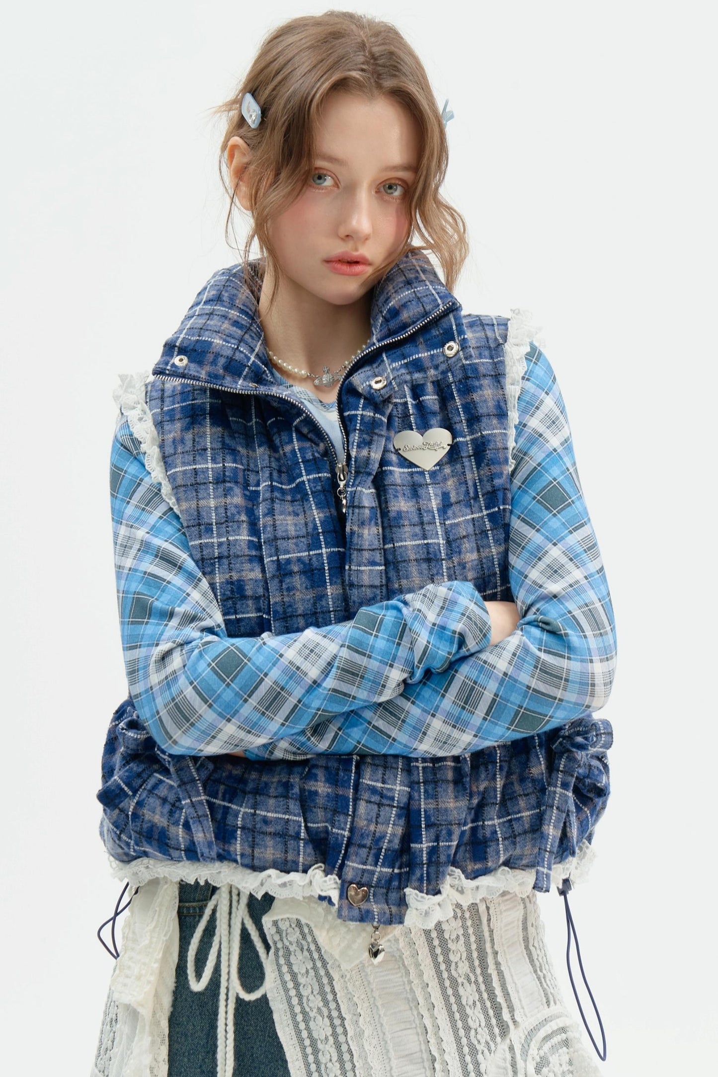Thickened Velvet Blue Check Cotton Jacket