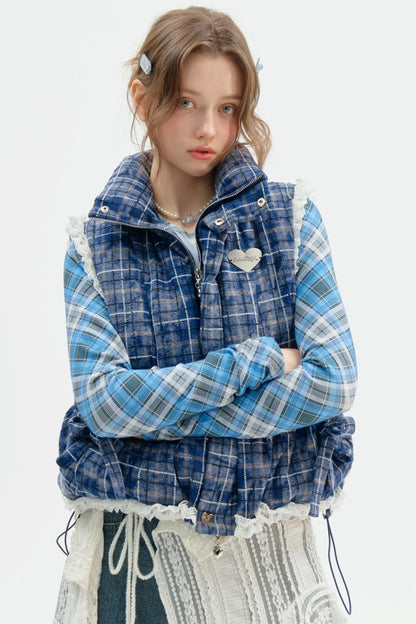 Thickened Velvet Blue Check Cotton Jacket