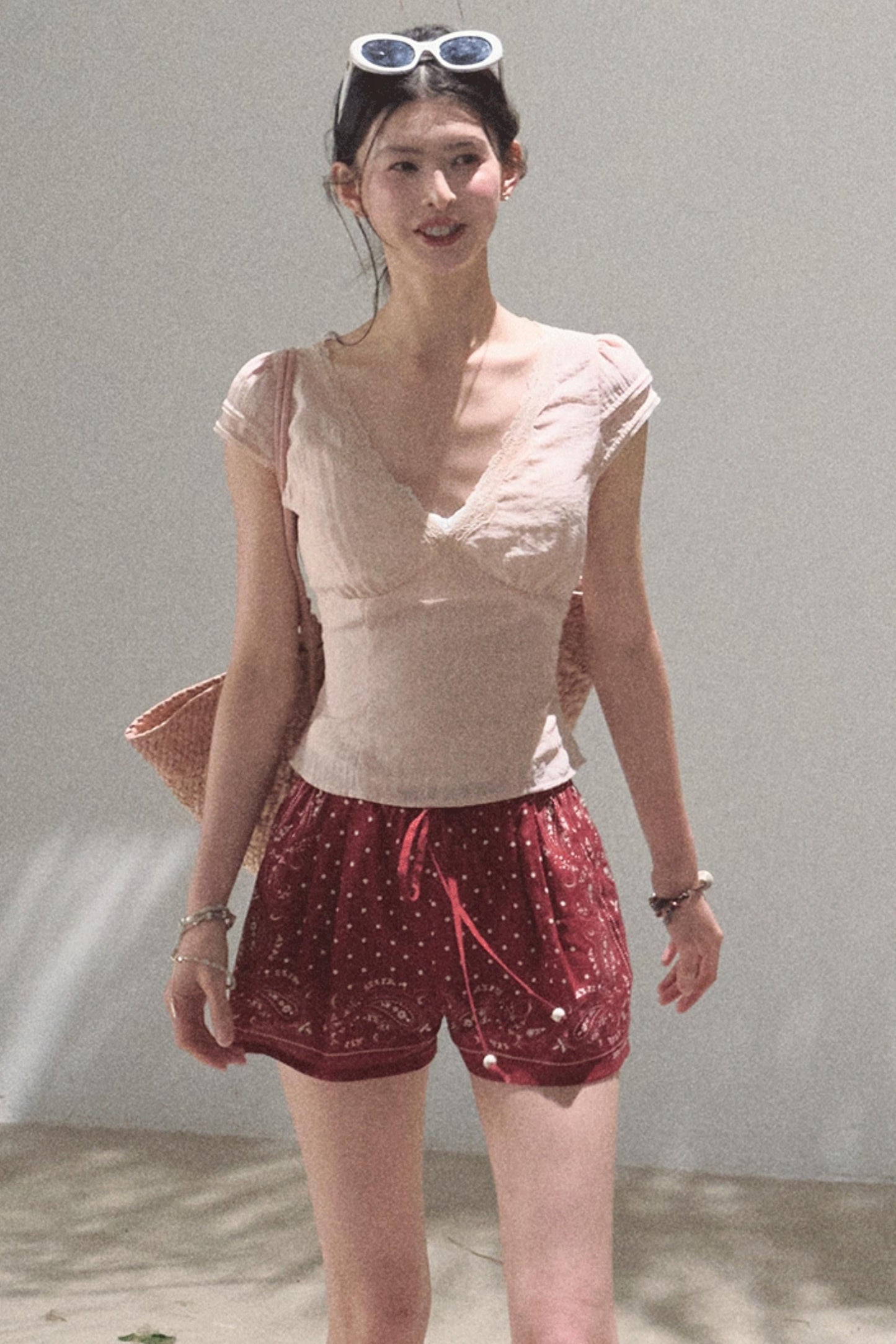 Fuzzy Lace V-Neck Tie Top