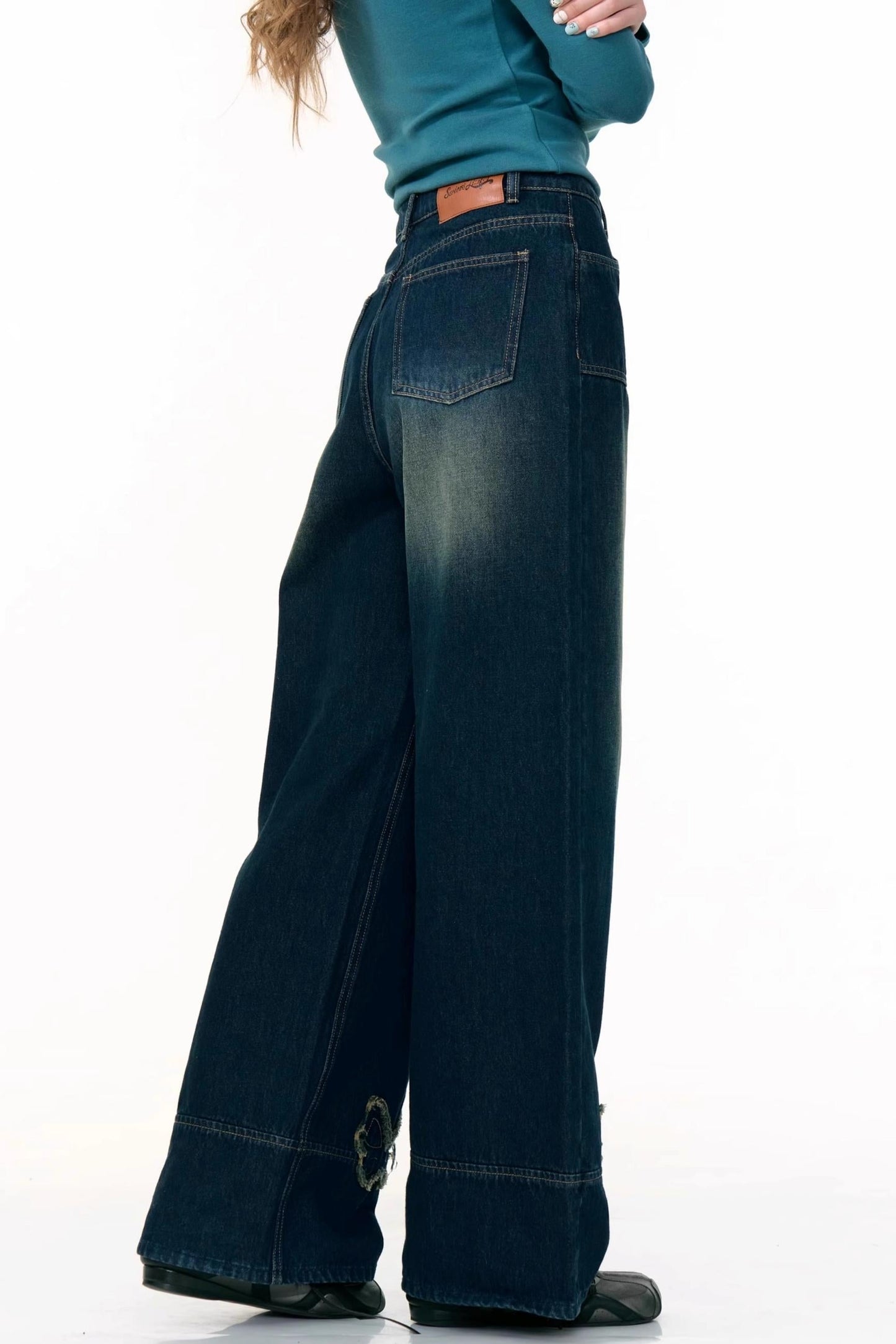 American Retro Butterfly Blue High-Waisted Wide-Leg Jeans