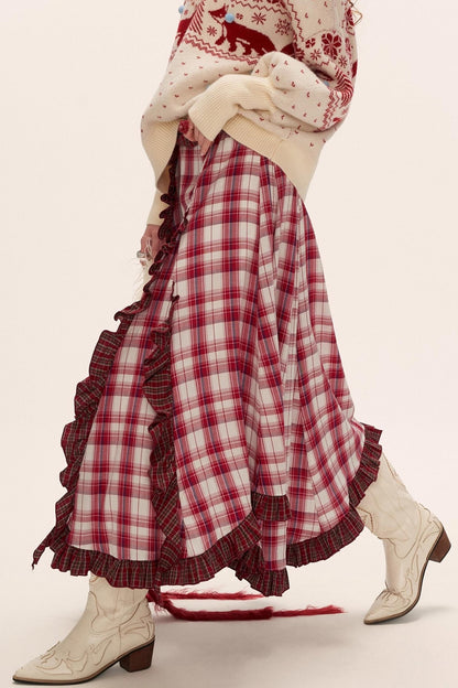 Spliced ​​Plaid Long Skirt