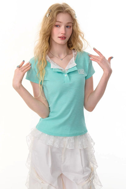 Lace Patchwork Fitted Two-Layer T-Shirt