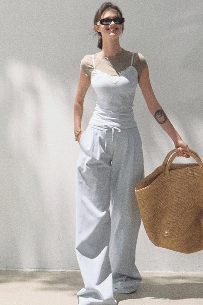 Lace-Up Top &amp; Wide Leg Pants Set-Up