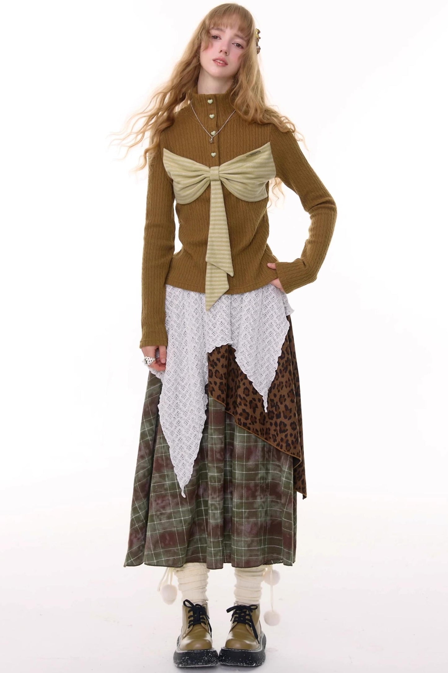 High Waist Irregular Plaid Leopard Print Midi Skirt