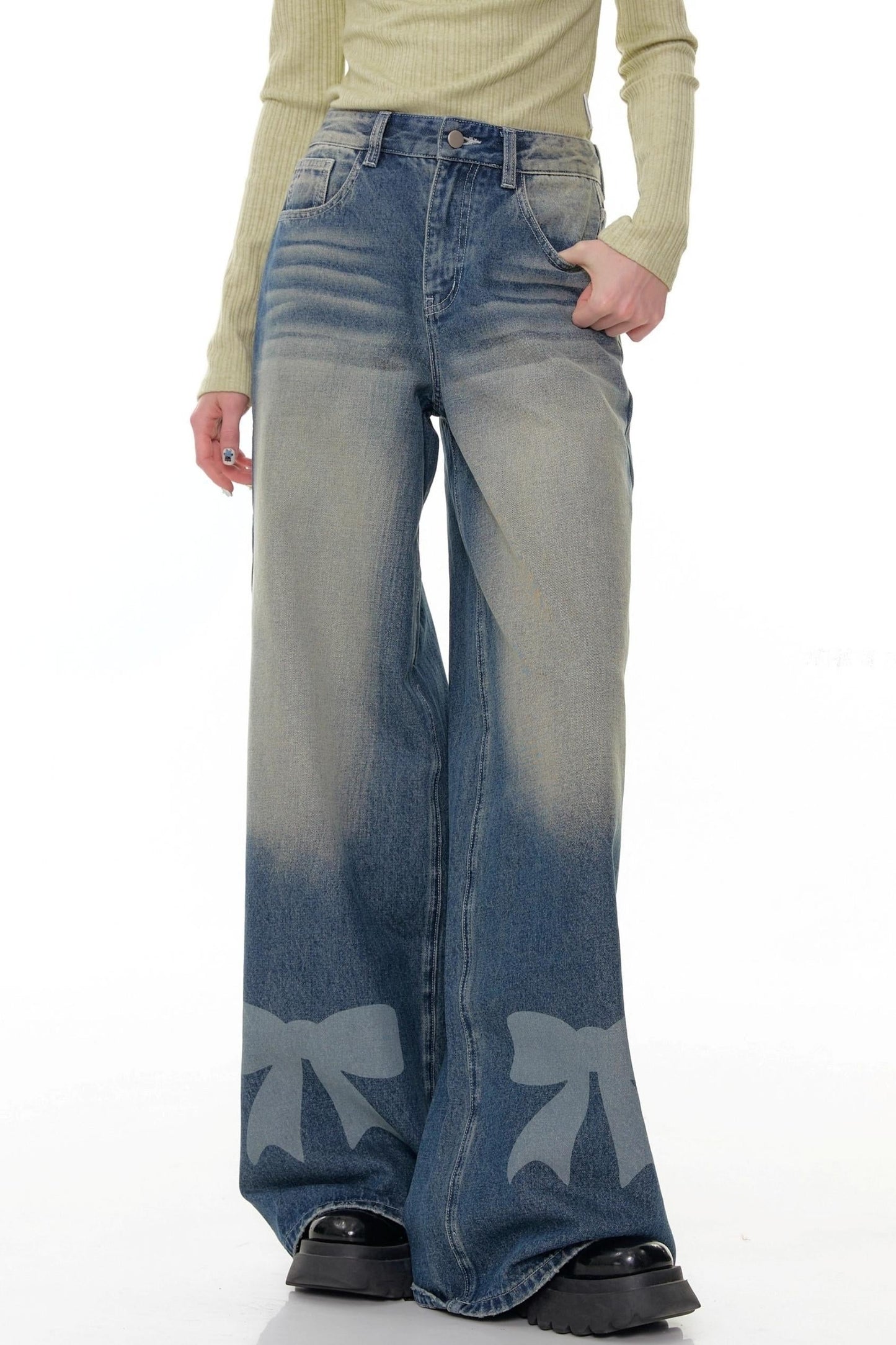 Retro Bow Design High-Waisted Denim Pants
