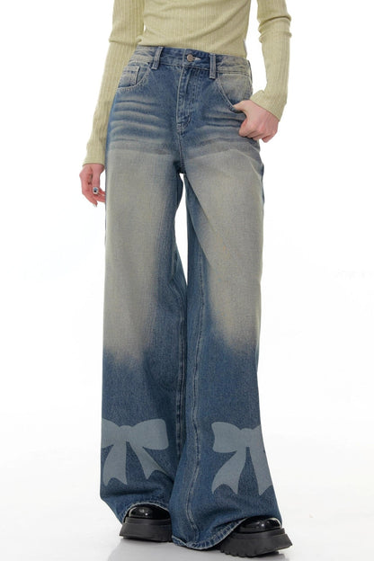Retro Bow Design High-Waisted Denim Pants
