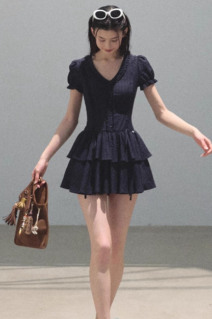 Blue Hour V-Neck Double-Sleeved Dress