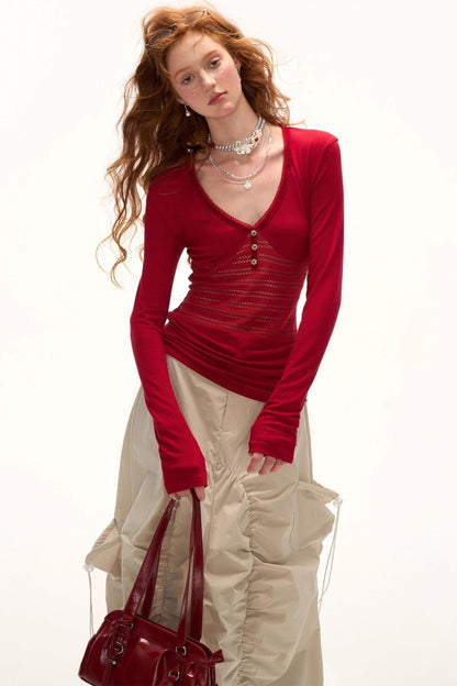 Patchwork V-Neck Long-Sleeved T-Shirt