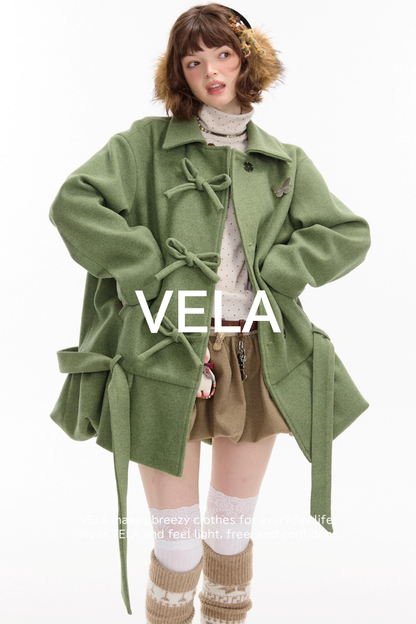 American Retro Bow Pocket Woolen Coat