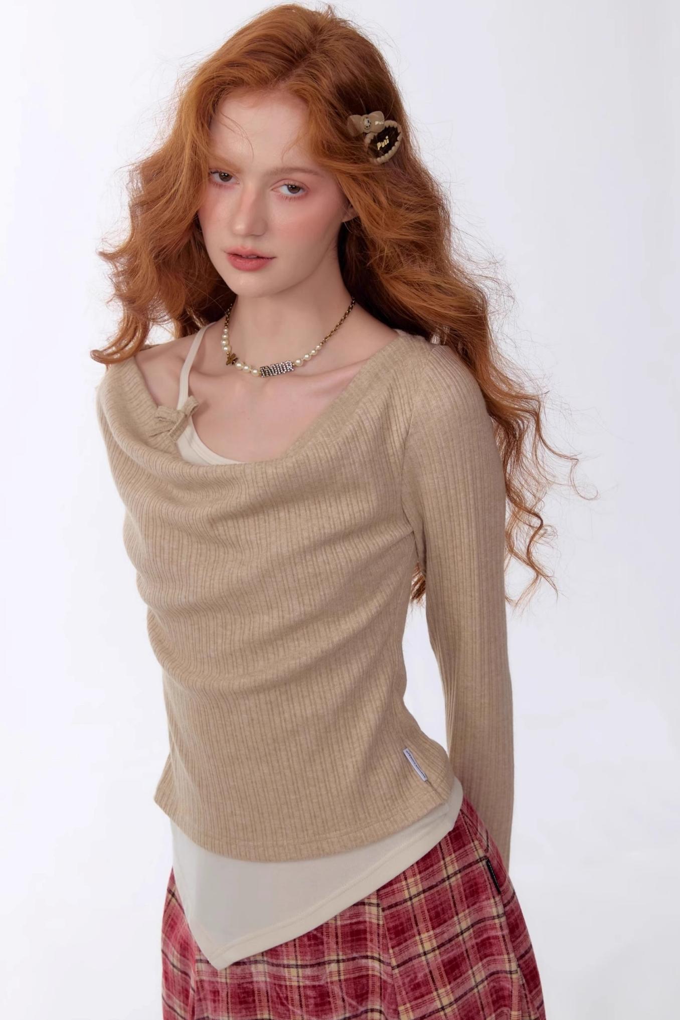 Swing Collar Fake Two Pieces Slim Top