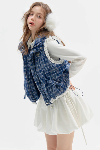 Thickened Velvet Blue Check Cotton Jacket