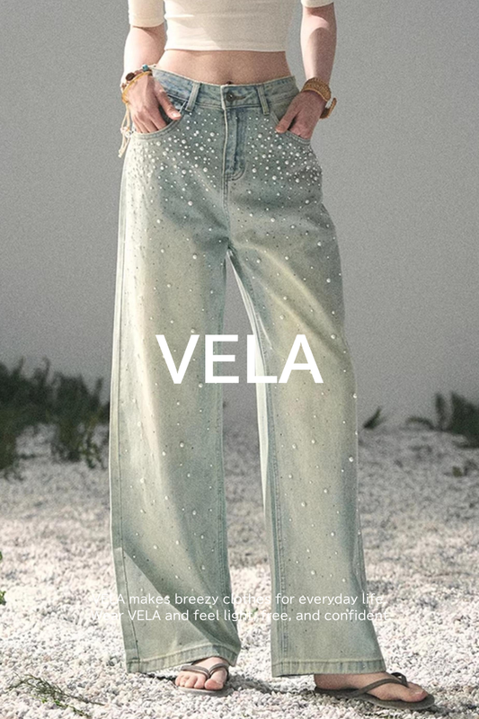 Blue Light Beaded Denim Pants