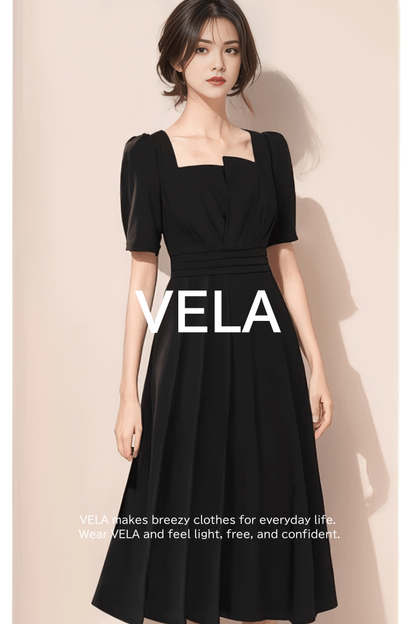 Asymmetric Puff-Sleeve Tucked Flared Dress