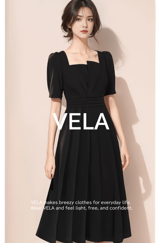 Asymmetric Puff-Sleeve Tucked Flared Dress