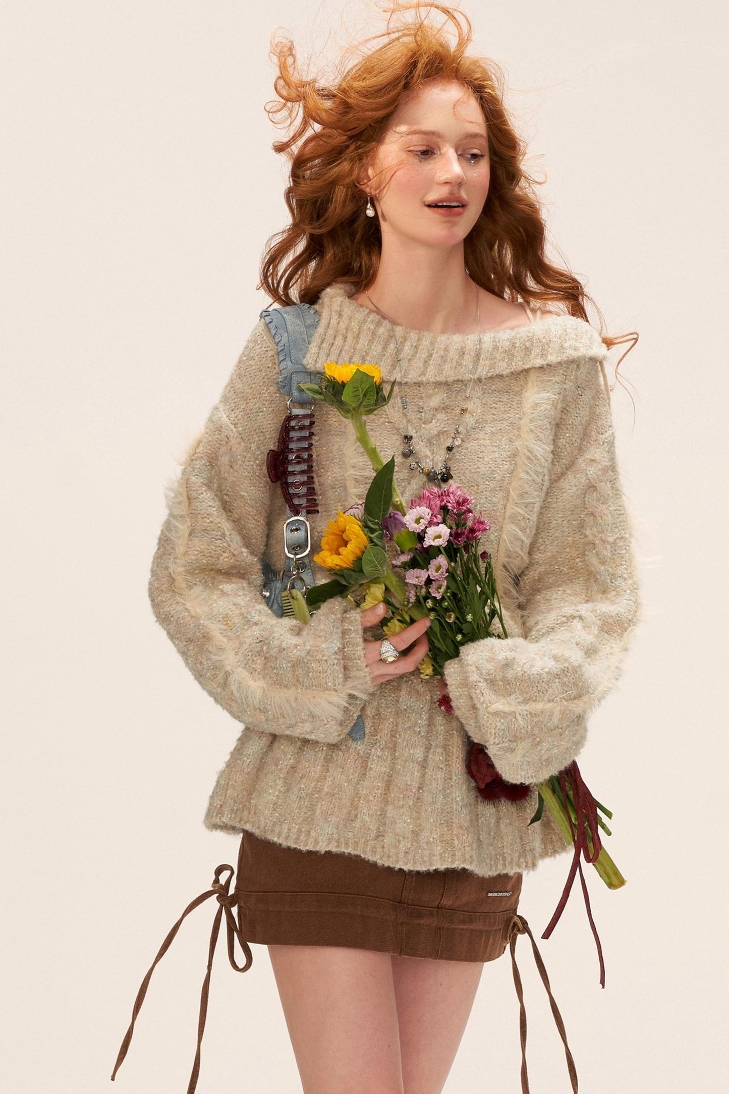 Lapel Tie Waist-Cinching Knit Sweater