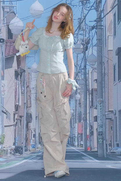 Plaid Bubble Sleeve Blouse