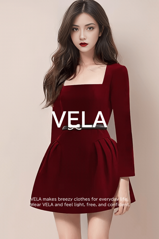 Square-Neck Ribbon-Belt Flared Dress