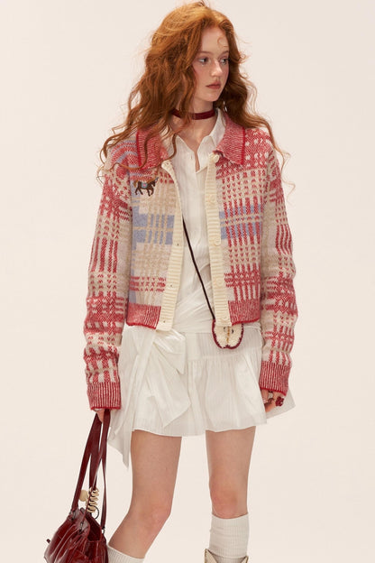 Plaid Red Knit Cardigan