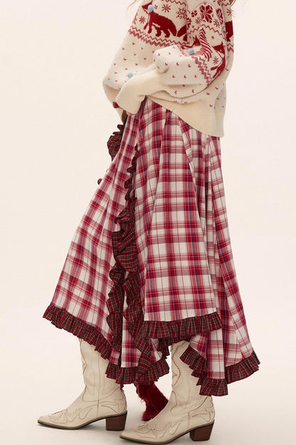 Spliced ​​Plaid Long Skirt