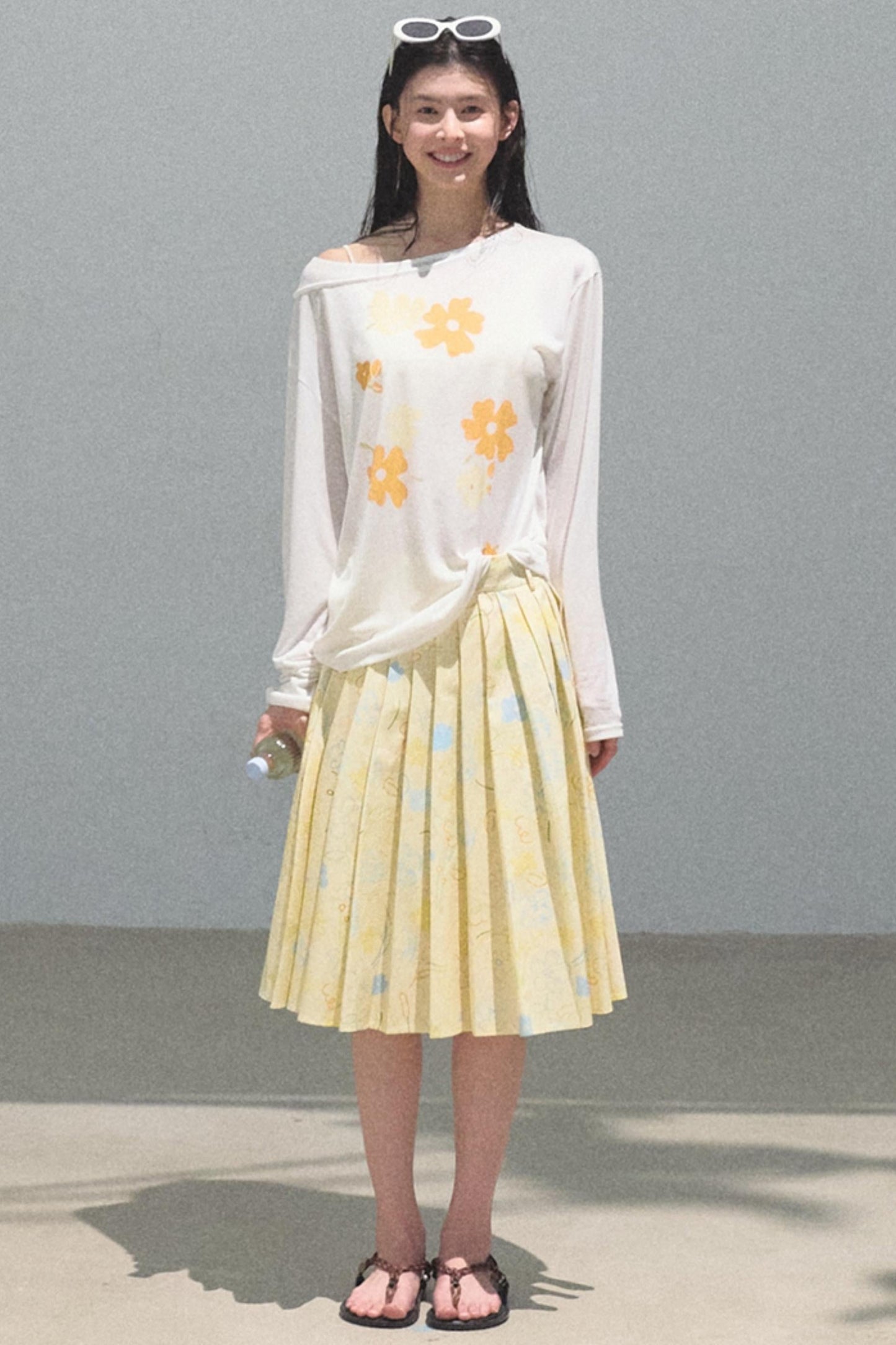 Running Waves Cotton Poplin Pleated Midi Skirt