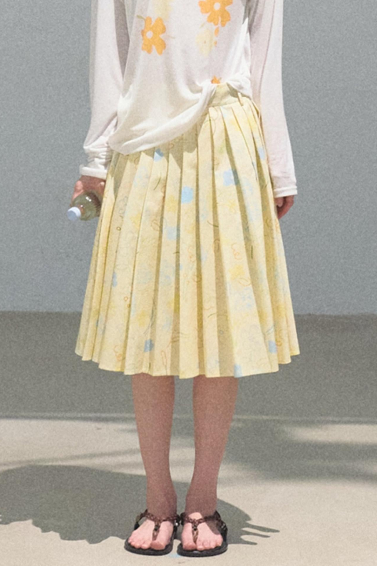 Running Waves Cotton Poplin Pleated Midi Skirt