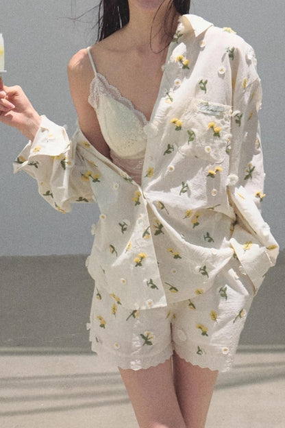 Flowers Cotton Embroidered Casual Shirt Set-Up