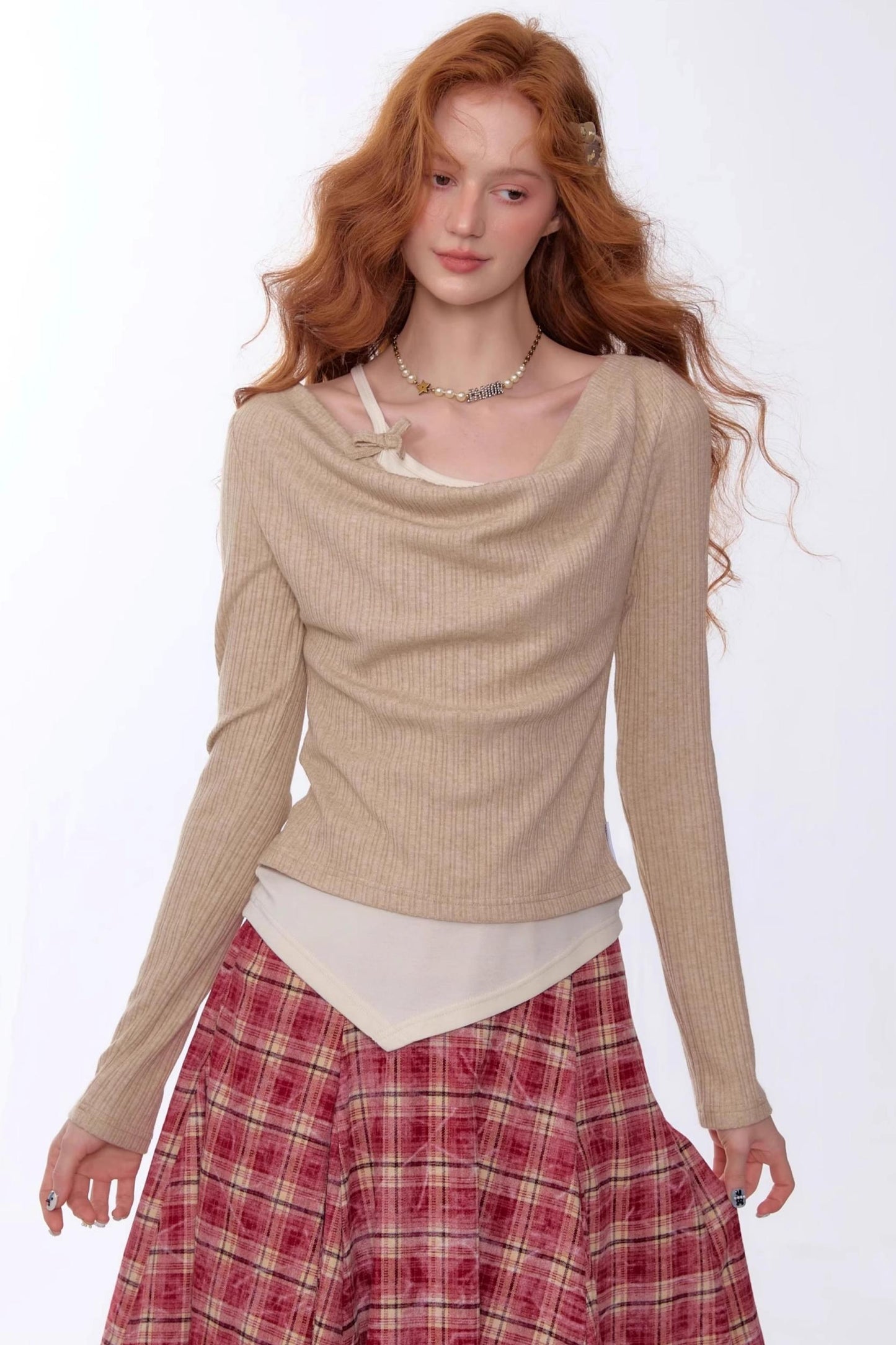 Swing Collar Fake Two Pieces Slim Top