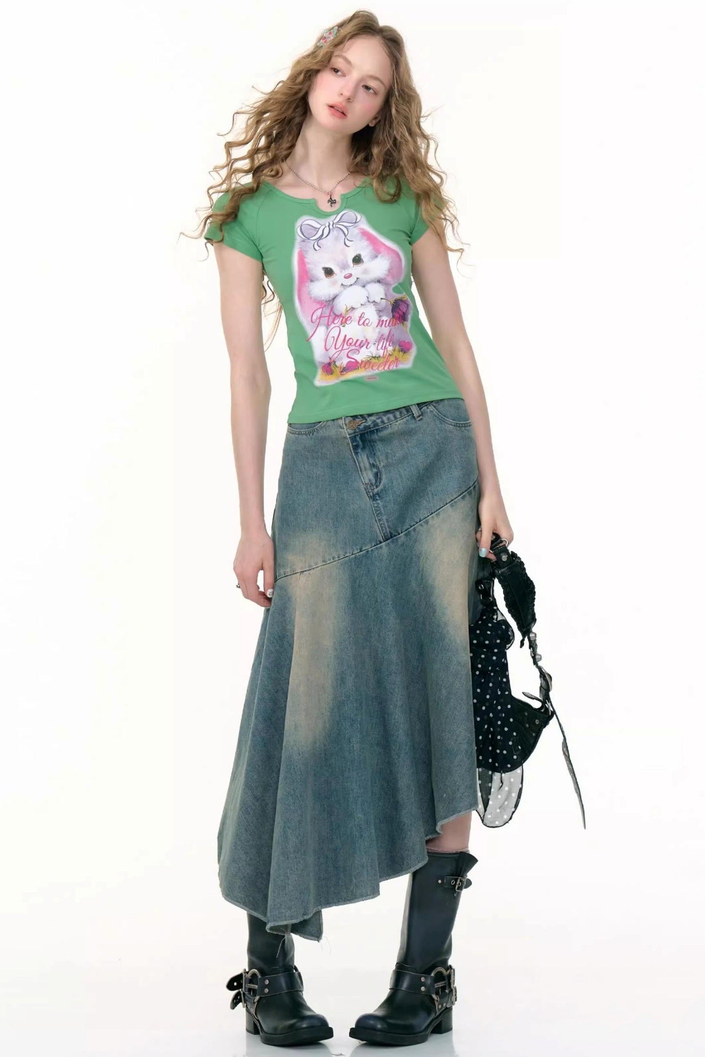 High-Waisted Irregular Denim Skirt