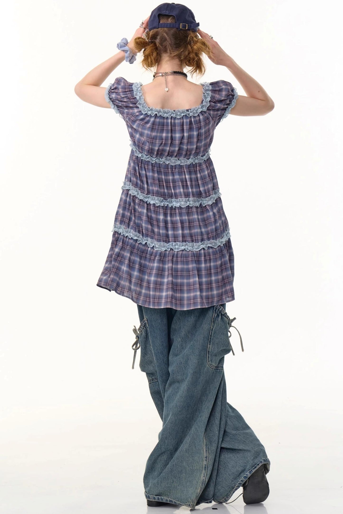 Purple Plaid Puff Sleeve Dress