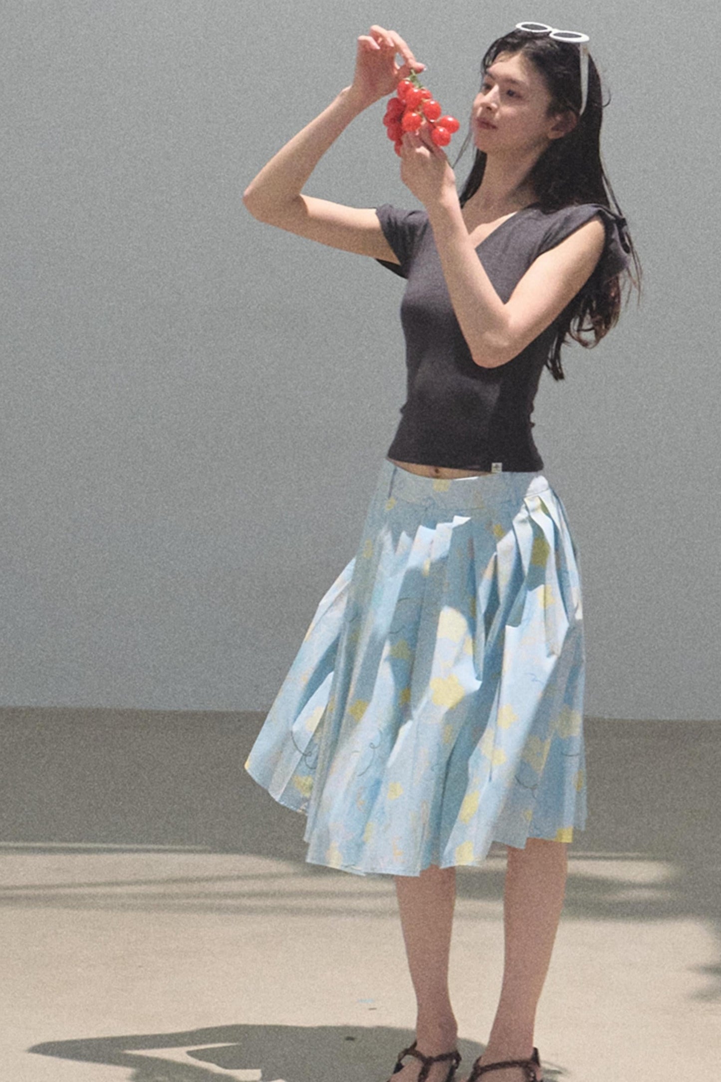 Running Waves Cotton Poplin Pleated Midi Skirt