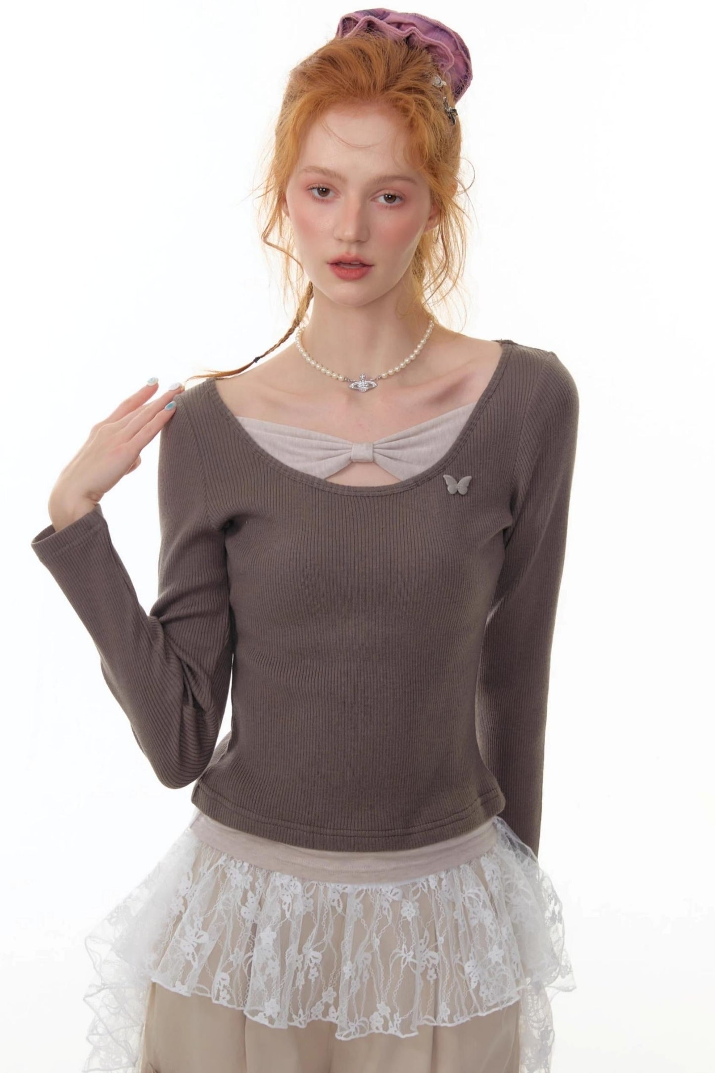 Fake Two Bow Long sleeve T-shirt